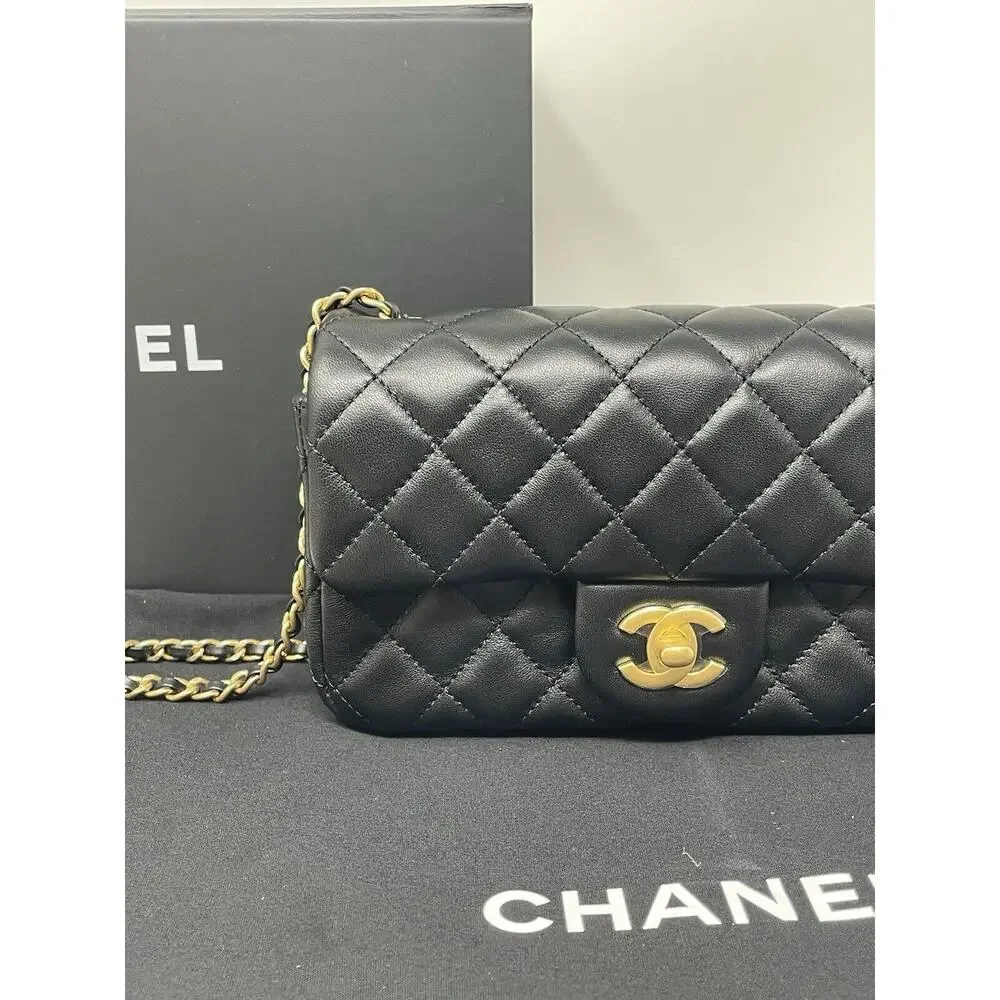 CHANEL 22S Black Mini Rectangle Pearl Crush Braid Gold Ball Flap Bag Unused - Picture 3 of 16